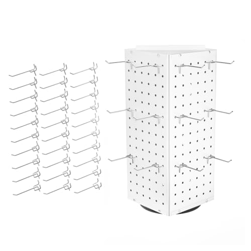 BYCY Rotating Pegboard Display Stand with 30 Hooks,Metal Spinning Peg Board Displays for Craft Shows,4-Sided Jewelry and Accessories Display Racks for Markets,Vendors,Events&Retail Stores (White) - color: White