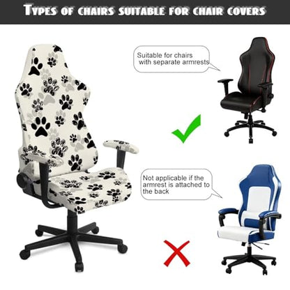 Black Paw Print Gaming Chair Cover Set of 4 Non Slip Breathable Game Chair Cover for Anti Cat Scratch Protection of Computer Gamer Chairs Slipcovers Office Rotating Armchair Protector Covers - color: Black Paw Print