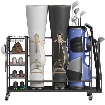 HOOBRO Golf Bag Storage Garage Organizer, Golf Bag Storage Stand Fits 3 Golf Bags and Golf Equipment Rack with Wheels, Extra Storage Rack for Garage, Club, Basement, Black BK109CJ01 - size: 55.7"L x 11.8"W x 33.5"H