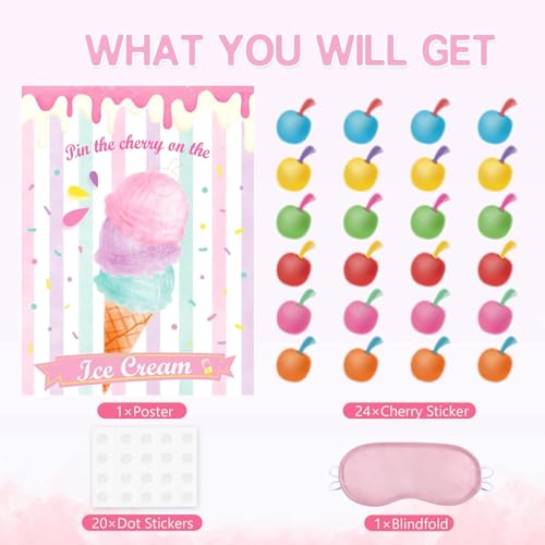 WERNNSAI Pin The Cherry on The Ice Cream Game -Birthday Party Games Ice Cream Party Decorations 28'' x 21'' Poster with 24 PCS Cherry Stickers for Kids Girls Birthday Carnival Supplies - style: Ice Cream