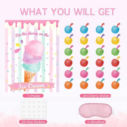 WERNNSAI Pin The Cherry on The Ice Cream Game -Birthday Party Games Ice Cream Party Decorations 28'' x 21'' Poster with 24 PCS Cherry Stickers for Kids Girls Birthday Carnival Supplies - style: Ice Cream