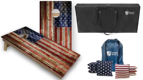 Tournament Grade Tailgating Pros American Flag Wooden Plank Design Cornhole Board Set w/Bean Bags and Carrying Case - 4'x2' Corn Hole Toss Game w/Built in Lights - color: Stars / Stripes