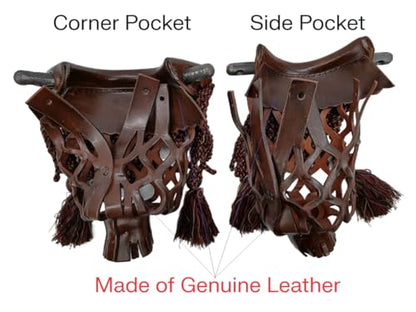 Joy's Billiard Pool Table Pockets, Leather Pool Table Pockets, Billiard Pockets, Made of Real Leather, with Fringe and Tassels, Dark Walnut Color, Set of 6