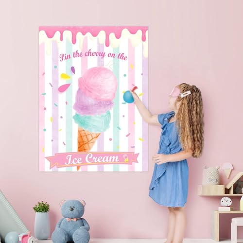 WERNNSAI Pin The Cherry on The Ice Cream Game -Birthday Party Games Ice Cream Party Decorations 28'' x 21'' Poster with 24 PCS Cherry Stickers for Kids Girls Birthday Carnival Supplies - style: Ice Cream
