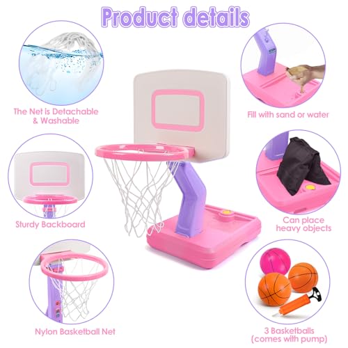 Toddler Basketball Hoop Indoor Outdoor - Height Adjustable 27.6-54 Inches (5 Slots), Kids Basketball Hoop with 4 Inflatable Balls & Pump, Safe Toddler Toys for 1-6 Year Old Boys Girls - color: pink