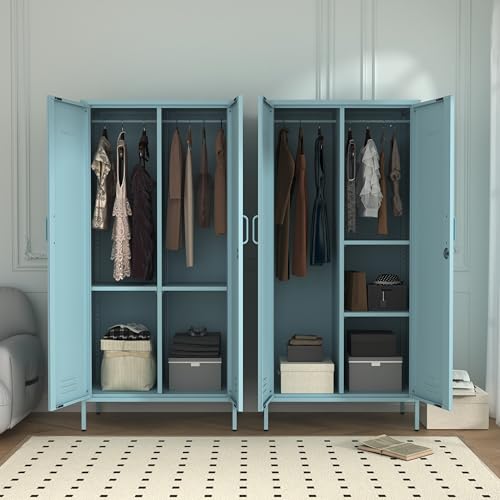 Industrial 67" Blue Lockable Metal 2-Door Storage Cabinet, Multi-Purpose Wardrobe with Hanging Rod & Adjustable Shelves, Heavy Duty for Bedroom, Garage, Home Office 67" H X 31.5" W X 18.1" D - color: Ocean, style: Wardrobe-67"H-JS