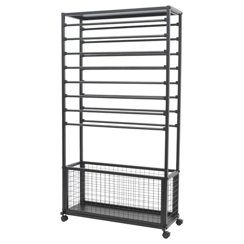 JenyunTech 16 Tier Ribbon Storage Organizer, Double-Sided Ribbon Holder Stand, Multifunctional Wrapping Paper Cart with Storage Basket and Wheels for Ribbons, Scarves & Clothes - color: 16-Tier, 32in, Black