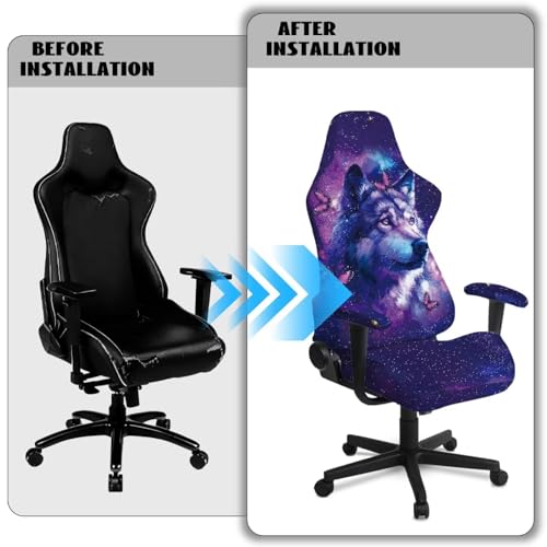 Suobstales Galaxy Wolf Butterfly Pattern Gaming Chair Cover, Stretchable Office Computer Chair Cover Ergonomic Cat Proof Protector with Armrests, Comfy Executive Rolling Chairs for Home Office - color: Galaxy Wolf Butterfly