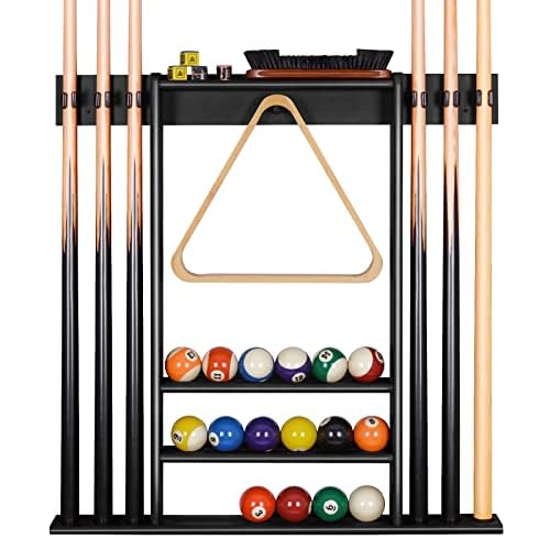 XCSOURCE Pool Cue Rack Only, Pool Stick Holder Wall Mount, 6 Pool Billiard Stick + Ball Set Wall Cue Rack, Made of 100% Solid Pine Wood, Compact Billiard Table Accessories for Man Cave - color: Black- 6 Pool