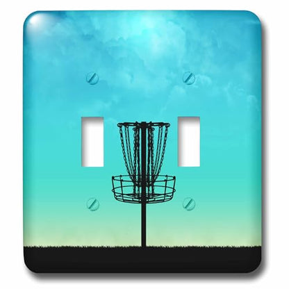 3dRose lsp_243474_2 Disc Golf Basket Silhouette - silhouette basket on grass with blue sky - Double Toggle Switch - style: Double Toggle Switch