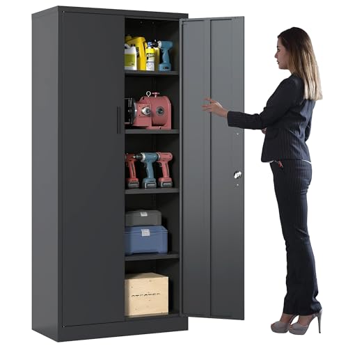 Metal Storage Cabinet with Adjustable Shelves, Garage Tool Cabinet with 2 Lockable Doors for Office, Home, Garage, Require Assembly, Black - color: Black, style: Tall - 2 Doors & Shelves