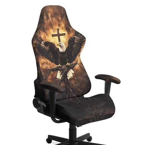 Eagle Print Gaming Chair Covers Slipcovers 4Pcs with Armrest Cover Fire Cross Print Gamer Chair Cover Set 4Pc/Set Easy to Install Home Decorations - color: Black and Brown - Eagle Fire Cross