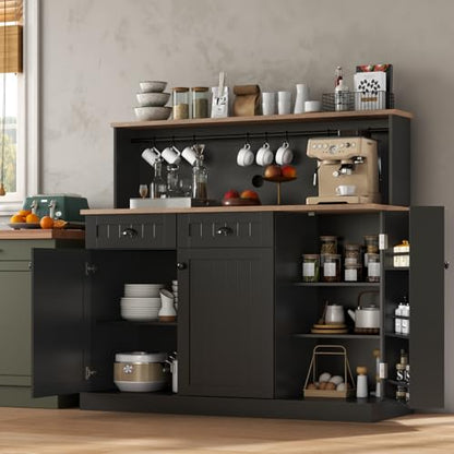Gyfimoie Sideboard Buffet Cabinet with 2 Drawers, Farmhouse Kitchen Pantry with Adjustable Shelves, Coffee Bar Cupboard Cabinet with 3 Doors for Kitchen, Dining Room (Black) - color: Black
