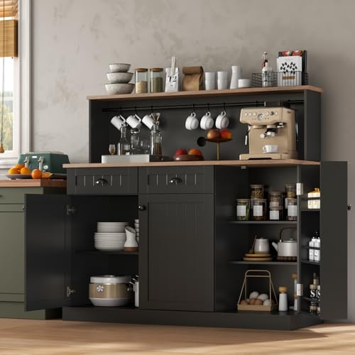 Gyfimoie Sideboard Buffet Cabinet with 2 Drawers, Farmhouse Kitchen Pantry with Adjustable Shelves, Coffee Bar Cupboard Cabinet with 3 Doors for Kitchen, Dining Room (Black) - color: Black