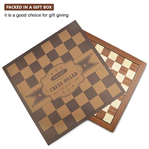 AMEROUS 15'' x 15'' Wooden Chess Board No Pieces, Professional Tournament Chessboard Only with Gift Package - Chess Rules, Portable Chess Board for Beginners, Kids, Adults