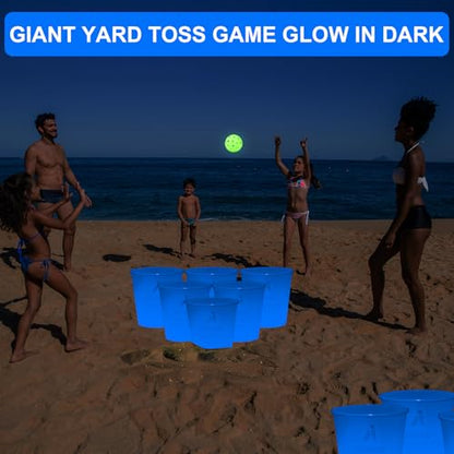 Aivalas Yard Pong Outdoor Games Glow Set in Dark, Giant Yard Pong Game for Adults and Family with 12 Buckets, 4 Balls and a Carrying Bag, Giant Pong for Beach, Camping, Lawn and Backyard - color: Blue Glow in Dark