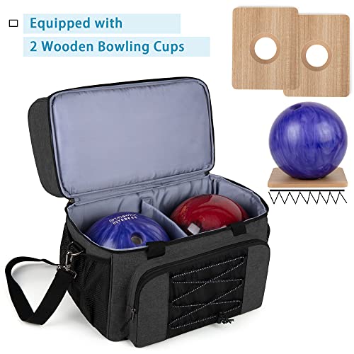 DSLEAF Bowling Bag for 2 Balls, Bowling Tote with Wooden Bowling Cups and Padded Divider for Double Ball and A Pair of Bowling Shoes Up to Mens 16 and Extra Essentials (Patent Design), Bag Only - color: black
