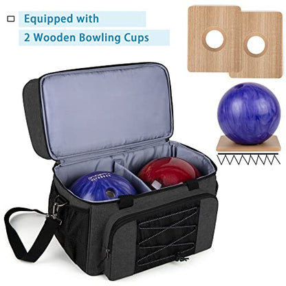 DSLEAF Bowling Bag for 2 Balls, Bowling Tote with Wooden Bowling Cups and Padded Divider for Double Ball and A Pair of Bowling Shoes Up to Mens 16 and Extra Essentials (Patent Design), Bag Only - color: black