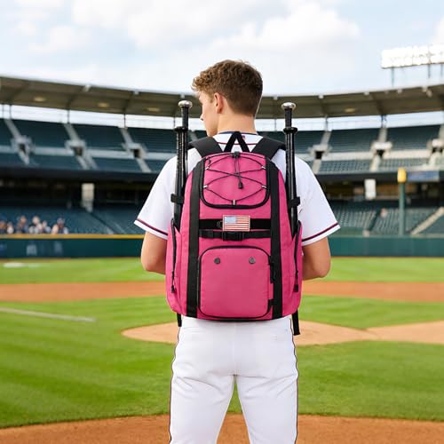 Goloni Baseball Bag, 60L Capacity Softball bag Holds 4 Bats for Youth & Adult, Baseball Bat Backpack with Shoes Compartment,Helmet Holder,Fence for Hook T-Ball, Softball Equipment, Baseball Gear - color: Pink