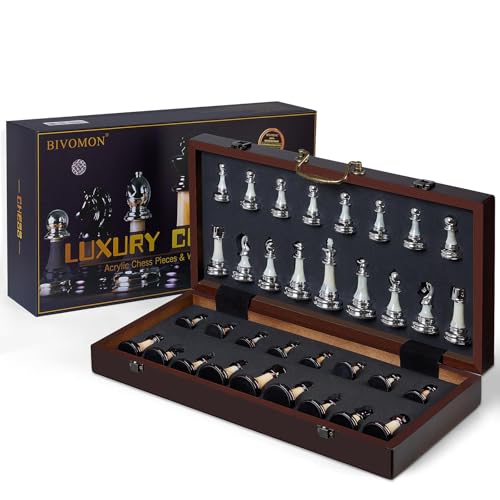 Deluxe Chess Set 16.5'' Wooden Large Folding Chess Board Game with Handle, Weighted Acrylic Chess Pieces - 3.5" King with Storage Slots for Beginners, Professional Players