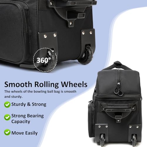 Bowling Bag with Wheels Double Roller 2 Ball Bowling Separate Shoe Compartment and Oversized Accessory Pocket, 36.6" Extendable Handle. - color: BLK
