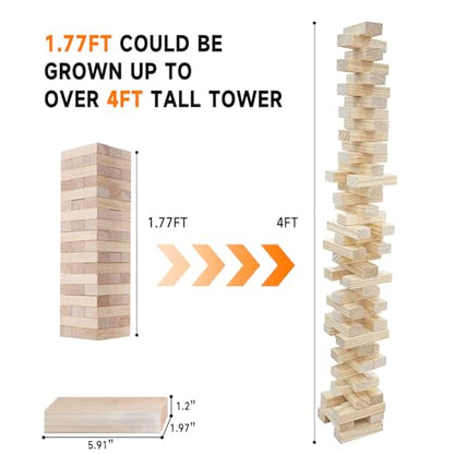 SHAREWIN Nattork Giant Tumbling Tower (Stack from 1.77Ft to 4+ Ft), Wood Stacking Giant Blocks Game| Made from Premium Pine Wood| Ideal for Family, 54PCS - color: Nature Wood