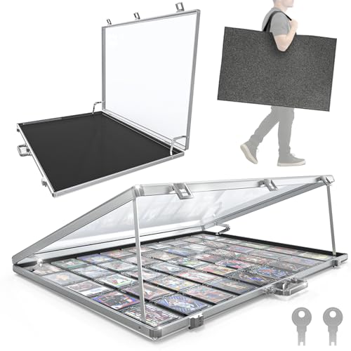 Ultra-Thin 31.4 x 23.6inch Portable Aluminum Card Display Case with Felt Tote Bag, High-Transparency Acrylic, 3 Anti Theft Locks, Sports Trading Card Show Case for Collectible Cards Jewelry Jersey - color: Silver