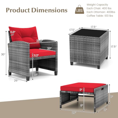 Tangkula 5 Pieces Patio Conversation Set, PE Wicker Rattan Outdoor Furniture Set with 2 Chairs, 2 Ottomans & Tempered Glass Coffee Table, Ideal for Poolside, Backyard, Lawn, Deck, Mix Grey & Red - color: Mix Grey & Red