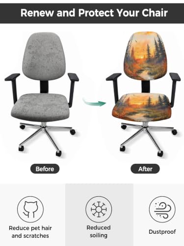 Savannan Office Chair Cover, Fall Watercolor Forest Tree Protective Stretch Elastic Universal Cover for Desk Task Chair,Computer Rotating Chair 1 Pcs County River Ombre Sunset