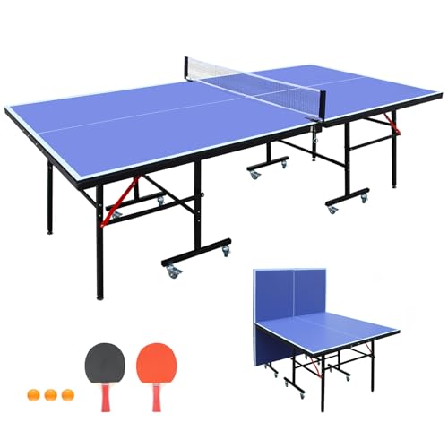 MDF Indoor Table Tennis Table w/Quick Clamp Ping Pong Net - Foldable Ping Pong Table Portable for Indoor Games with Net - Easy Assembly, 2 Table Tennis Paddles and 3 Balls