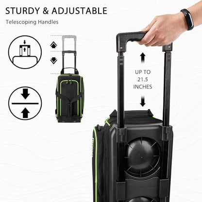 Goloni Double Roller 2 Ball Bowling Bag with Separate Shoe Compartment,2 Ball Bowling Bag with Wheels,Retractable Handle Extends to 40" - color: green