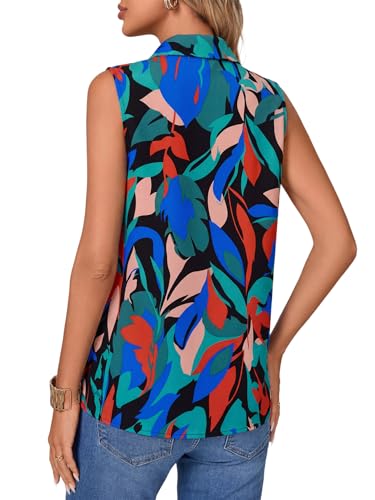 Vrtige Women's Summer Tank Top Button Down Ruffle Front Collar Neck Sleeveless Blouse Shirt Top - color: Abstract Patterns, size: X-Large