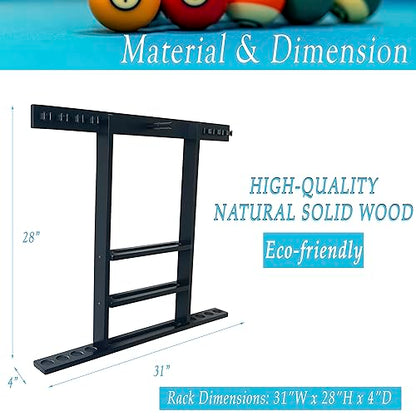 Wall Mount Pool Cue Stick Holder, Black Solid Wood Rack for 8 Cues - color: Black