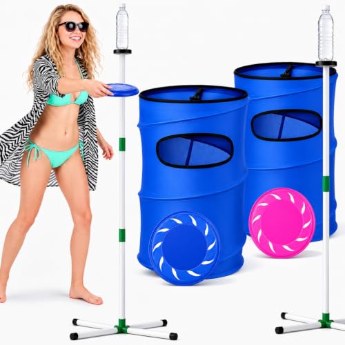 2 Set Flying Disc Game Set Portable Disc Toss Game Includes 2 Discs Targets & 2 Flying Discs & 2 Height Adjustable Poles Lawn Outdoor Games for Backyard, Park, Beach for Family & Friends