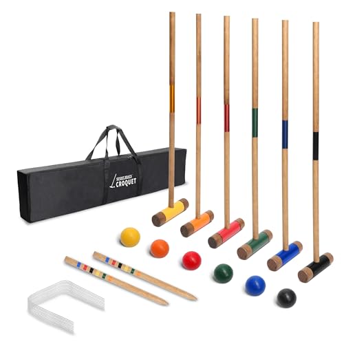 SPORT BEATS Six Player Croquet Set Solid RubberWood 32 Inch Mallets with Carry Case, Six Balls, Nine Wickets, 2 Stakes for Backyard Outdoor Games - color: Brown, size: 32 Inches
