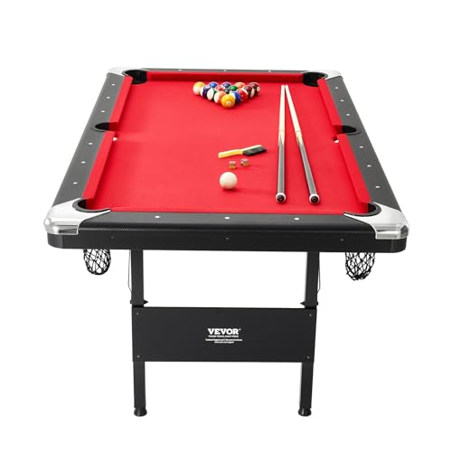 VEVOR Billiards Table, 6.3 ft Pool Table, Portable Foldable Space-Saving Table, Billiard Table Set Includes Balls, Cues, Chalks and Brush, Black with Red Cloth, Perfect for Family Game Room Kid Adult