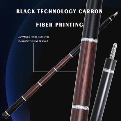 Carbon Fiber Pool Cue 58" with Pigskin Tip & Bakelite Ferrule, 2-Piece Low Deflection Billiard Cue Stick 19-20oz, Handmade for Pool/Black Eight & Nine Balls