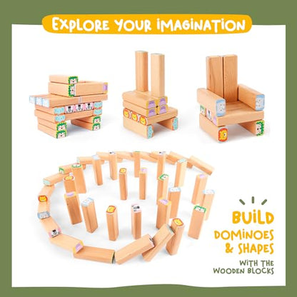 Nene Toys Wooden Block Stacking Game – 4-in-1 Tumble Tower Family Board Game with Building Blocks, Cards and Dice – African Safari Educational Wooden Toy for Kids 3-9 Years Old About Animals - style: Safari
