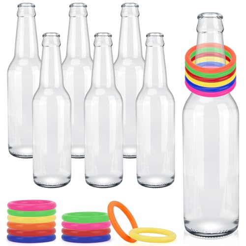 30 Pcs Ring Toss Game Carnival Game Set Include 24 Plastic Throw Rings and 6 Glass Bottles for All Occasions and Events, Summer Backyard Fun, Beach, Carnival Party Favor - color: Multicolor, size: 1.57"