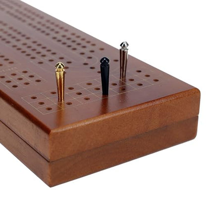 Pacific Shore Games Wooden Cribbage Board Game Set, Walnut Stained Continuous 3 Track for 2-3 Players, Card Storage - color: Walnut