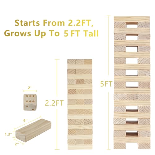 Aivalas Giant Tumbling Timber Games, 60 Blocks Large Tower Outdoor Game - Includes Carry Bag and Scoreboard, Wood Stacking Backyard Game Grows Up to 5FT for Kids Adults Family - size: L-Up to 5 FT-60PCS
