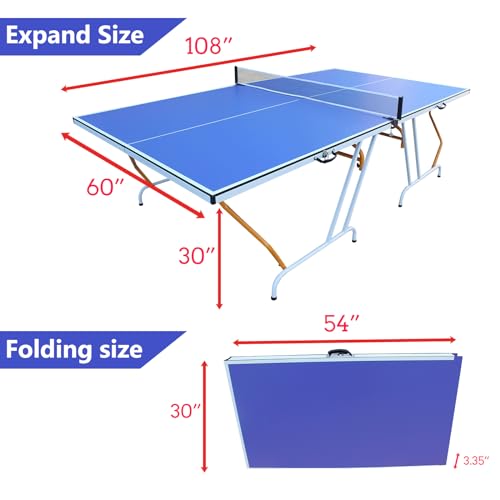 9ft Folding Mid-Size Ping Pong Table Set with Net, 2 Paddles, 3 Balls - Portable Indoor Game Table with Heavy-Duty Aluminum Frame