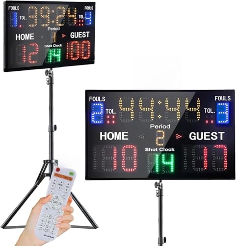 YZ LED Basketball Scoreboard with Shot Clock, Portable Scoreboard Basketball, Digital Scoreboard with Remote, Electronic Scoreboard with Timer Clock, Digital Score Keeper Outdoor - style: remote control (with tripod)