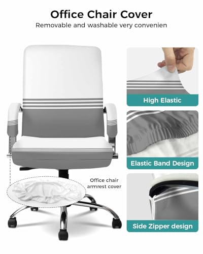 Modern Art Office Chair Cover with Armrest Covers, Grey White Simple Striped Farmhouse Universal Stretch Desk Rotating Chair Slipcovers, Removable Seat Protector with Zipper, M - color: Grey, size: Medium & 2PCS Armrest Covers