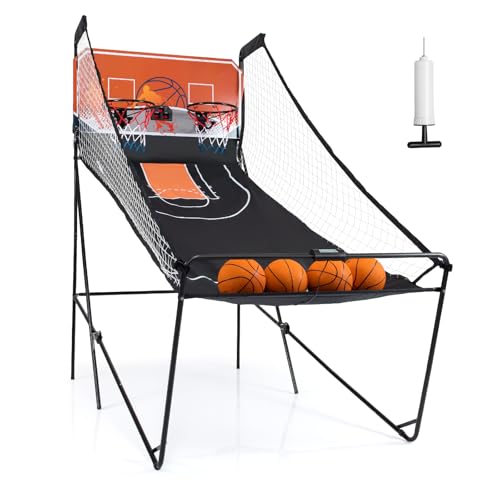 Giantex Arcade Basketball Game Indoor Dual Shot with 8 Game Modes, 4 Balls, 2 Hoops, Air Pump and LCD Scoreboard, Foldable Electronic Basketball Games for Adults and Kids - color: Orange