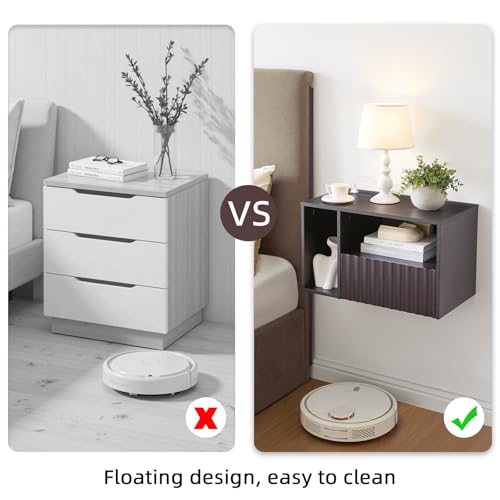 BuildHom Modern Espresso Fluted Floating Nightstand with Charging Station, NightStand with Drawers, Bedside with USB Ports and Outlets, Bedroom Furniture (Set of 2) - color: Espresso, size: Set of 2