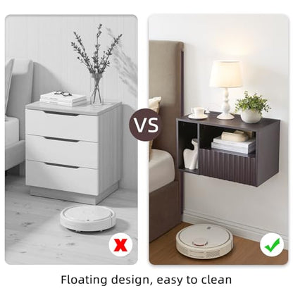 BuildHom Modern Espresso Fluted Floating Nightstand with Charging Station, NightStand with Drawers, Bedside with USB Ports and Outlets, Bedroom Furniture (Set of 2) - color: Espresso, size: Set of 2