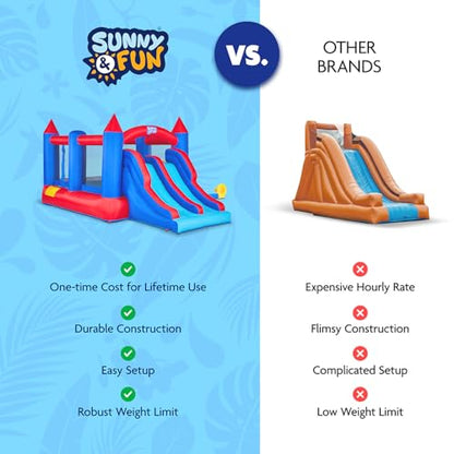 Sunny & Fun Inflatable Bouncy Castle with Dual Slide – Heavy-Duty for Outdoor Fun - Climbing Wall, Slides, Bounce House – Easy to Set Up & Inflate with Included Air Pump & Carrying Case