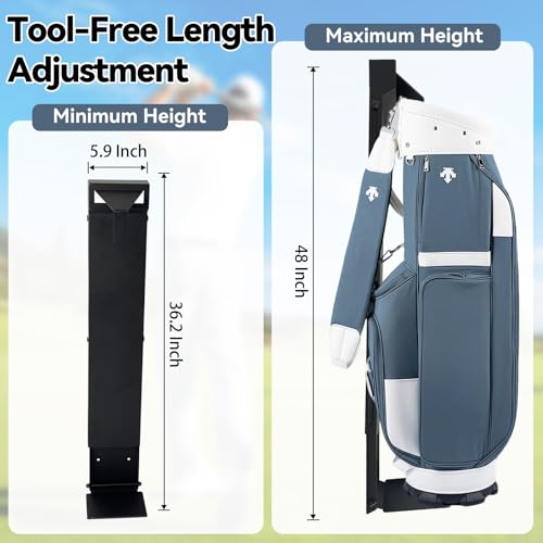 Black Wall Mount Golf Bag Holder - 55LBS Capacity, Adjustable Height 36.2"-48" & 5.9" Width, Heavy-Duty Steel Golf Storage Rack for Garage, Home, Golf Club, Space-Saving Design - size: 36.2"-48" & 5.9"