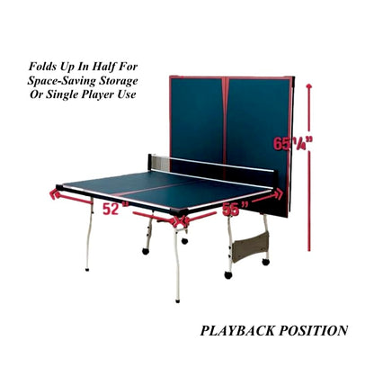 Mid Size Folding Rolling Table Tennis Table Indoor Ping Pong Table 2 Paddle 2 Balls Net Post Set Four 2" Locking Caster Wheels for Easy Movement Space Saving Fold-Up Design for Single-Player Action